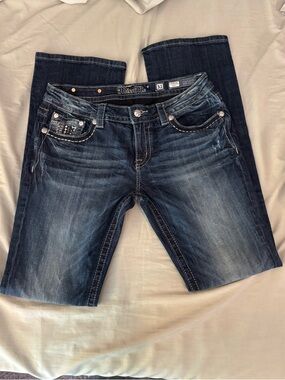 Miss Me Women's Dark Wash Low Rise Bootcut Jeans with Embellished Pockets